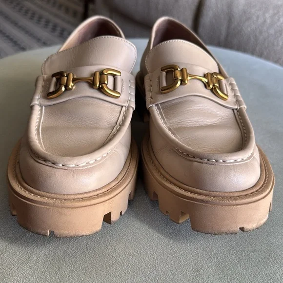 ZARA Beige Leather Gold Buckle Lug Sole Loafers Women - Picture 3 of 10